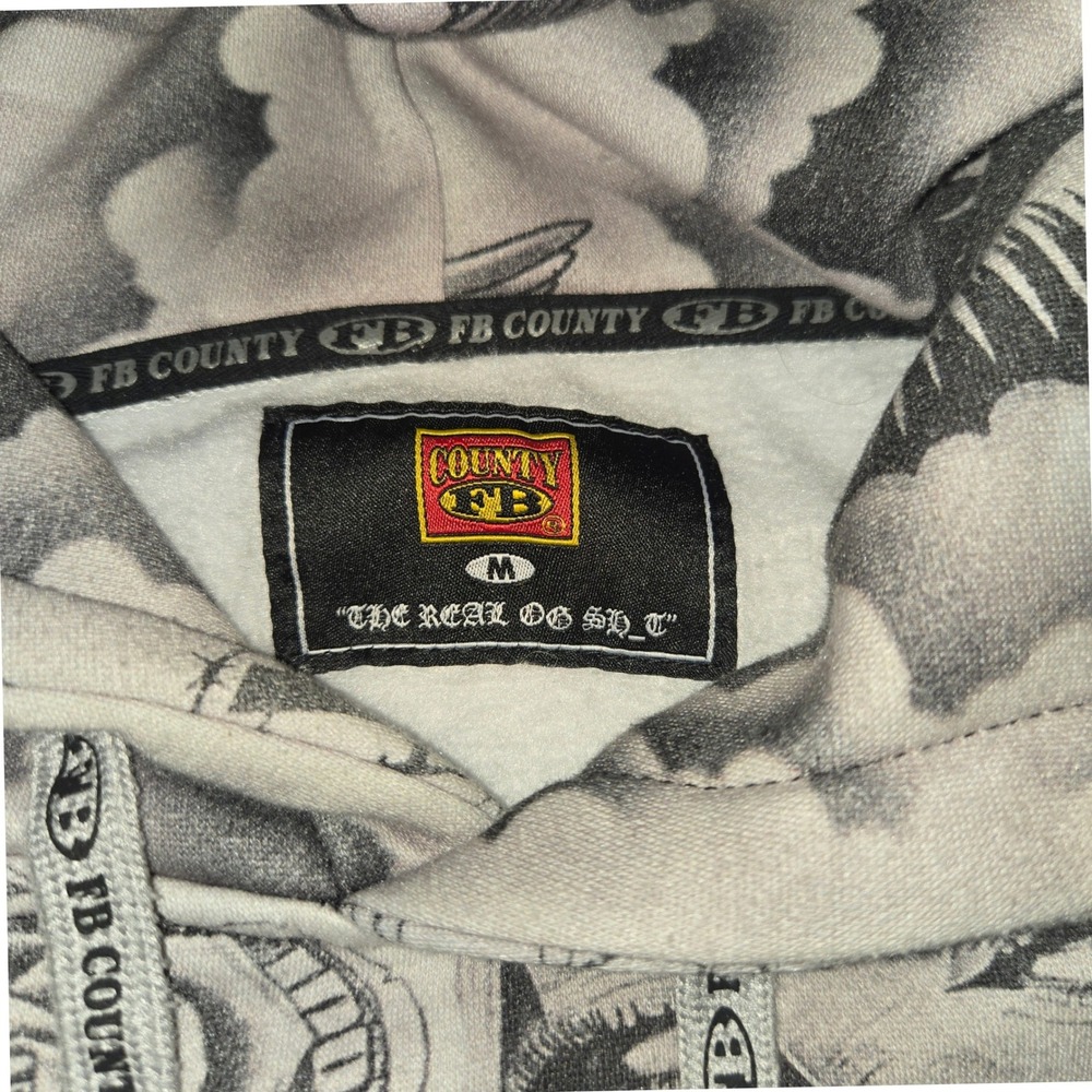 FB County Mens Chicano Tattoo All Over Print Hoodie Grey Virgin Mary Lowrider M - Picture 3 of 8